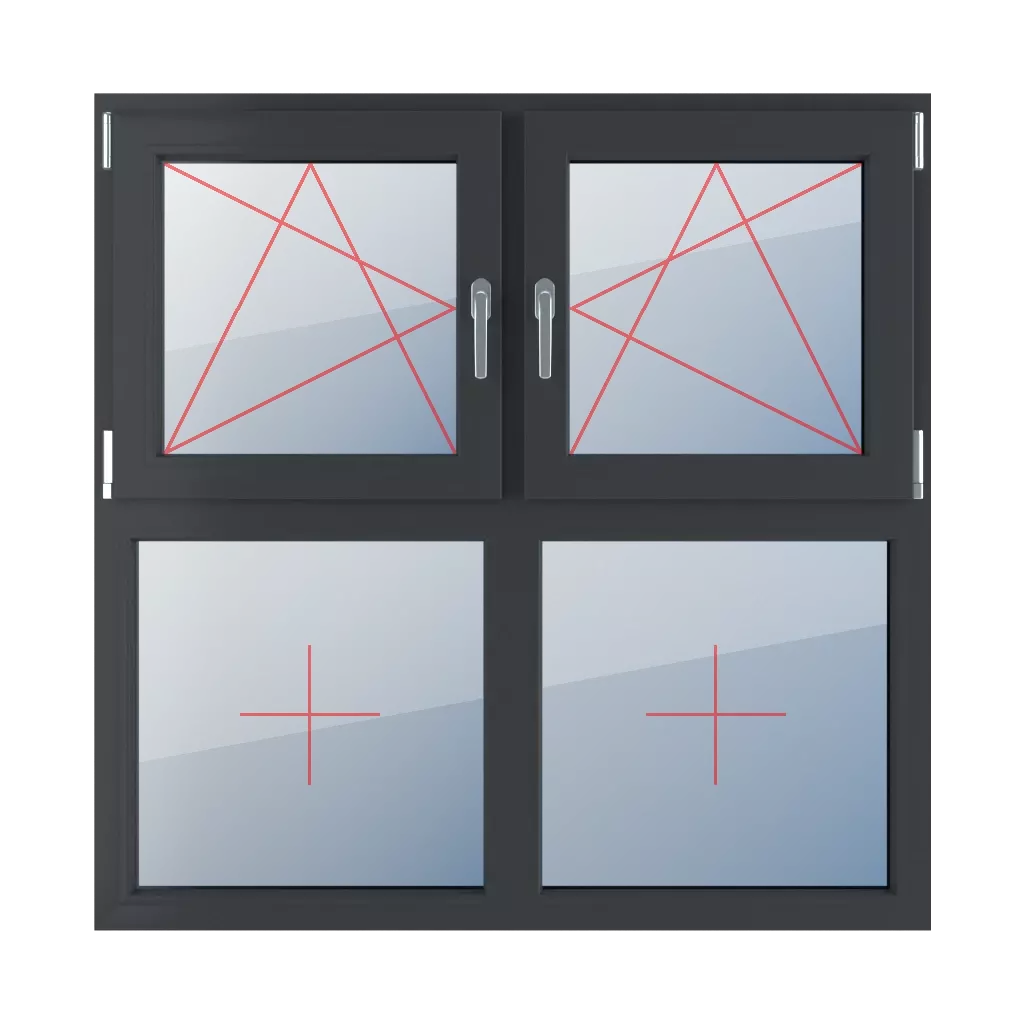 Left-hand turn-tilt, right-hand turn-tilt, fixed glazing in the frame windows types-of-windows four-leaf symmetrical-division-horizontal-50-50  