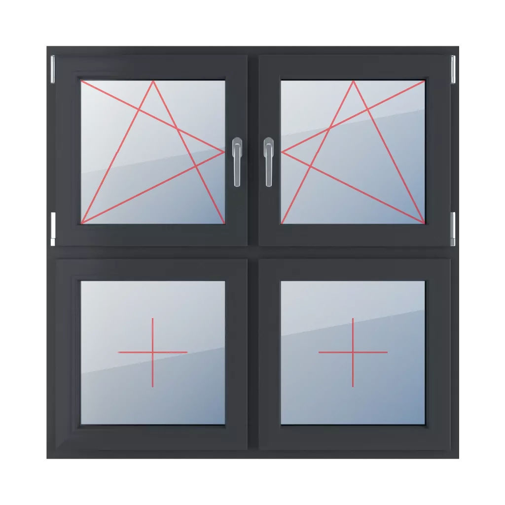 Left-hand turn-tilt, right-hand turn-tilt, fixed glazing in the leaf windows types-of-windows four-leaf symmetrical-division-horizontal-50-50  